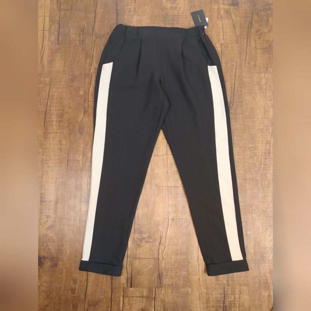Versona Women's Small Black Tan Striped Pant Pocketed Cropped NWT